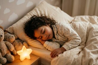 Petite fille endormie dans sa chambre avec une veilleuse apaisante sur la table de nuit