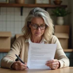 Femme vérifiant attentivement un contrat de service de débarras pour éviter les arnaques