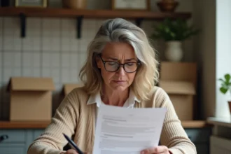 Femme vérifiant attentivement un contrat de service de débarras pour éviter les arnaques