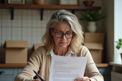 Femme vérifiant attentivement un contrat de service de débarras pour éviter les arnaques