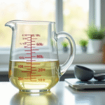 Verre mesureur rempli à 80 cl sur plan de travail lumineux