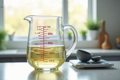 Verre mesureur rempli à 80 cl sur plan de travail lumineux