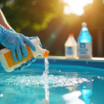 Personne versant des produits chimiques dans une piscine de jardin ensoleillee
