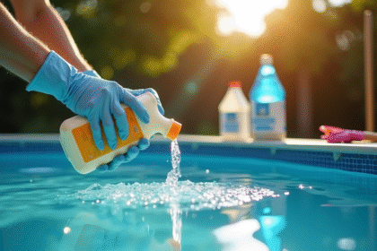 Personne versant des produits chimiques dans une piscine de jardin ensoleillee