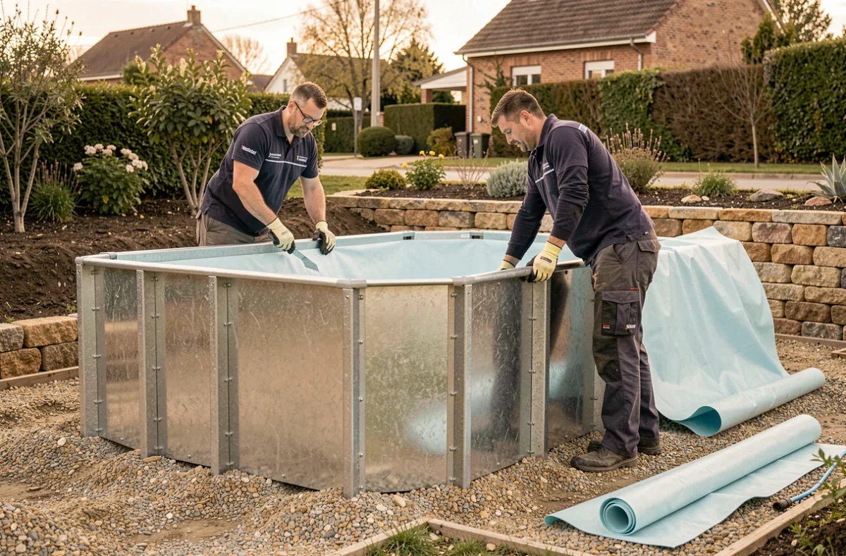 Techniciens Waterair Toulouse assemblant les panneaux en acier galvanisé d'une piscine dans un jardin résidentiel